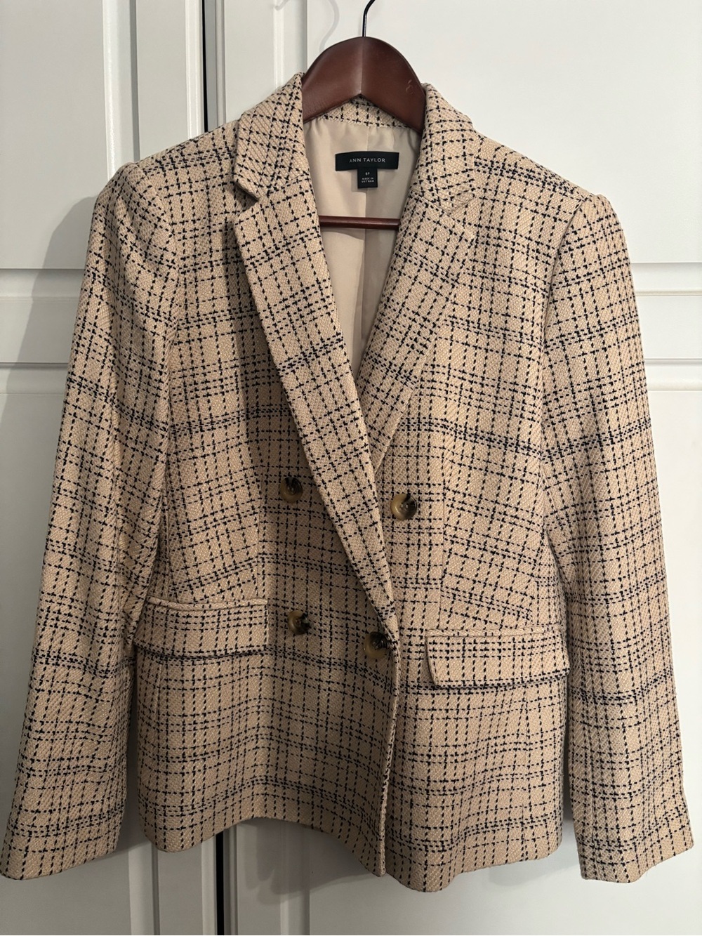 Ann Taylor Tan and Black Plaid Double-Breasted Blazer